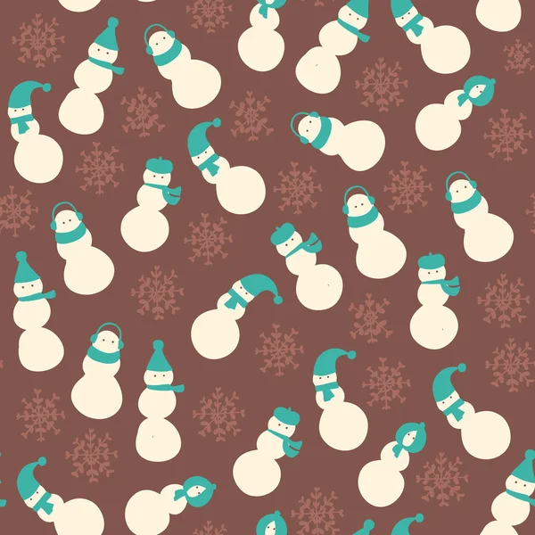 Christmas winter amazing seamless cute snowman snowflakes brown pattern — 图库矢量图片