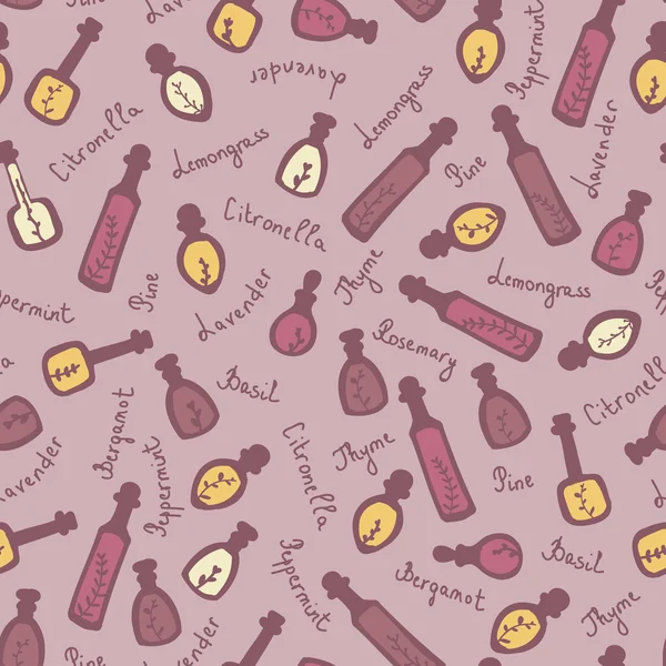 Essential oil vector seamless pattern. Thyme, rosemary, lavender, basil, citronella, pine, peppermint. Soap making. Illustration Vector Graphics