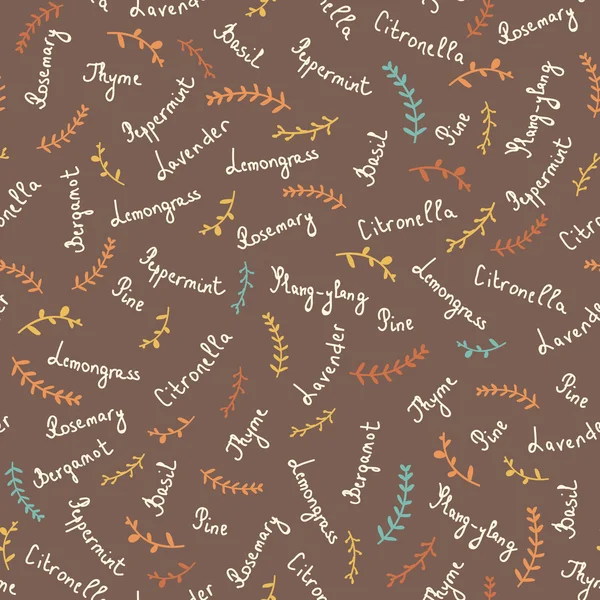 Essential oil vector seamless pattern. Thyme, rosemary, lavender, basil, citronella, pine, peppermint. Soap making. Illustration Stock Illustration