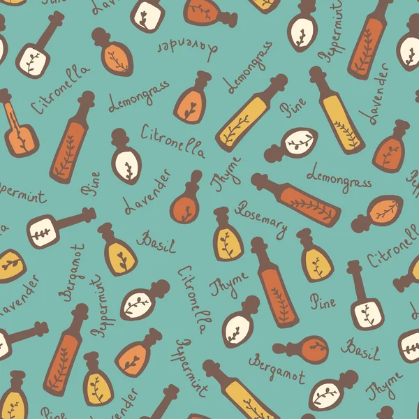 Essential oil vector seamless pattern. Thyme, rosemary, lavender, basil, citronella, pine, peppermint. Soap making. Illustration Royalty Free Stock Illustrations