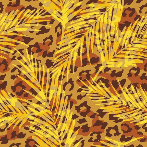 Бесшовный экзотический узор с пальмовыми листьями и рисунком животного. Векторная иллюстрация . — стоковый вектор