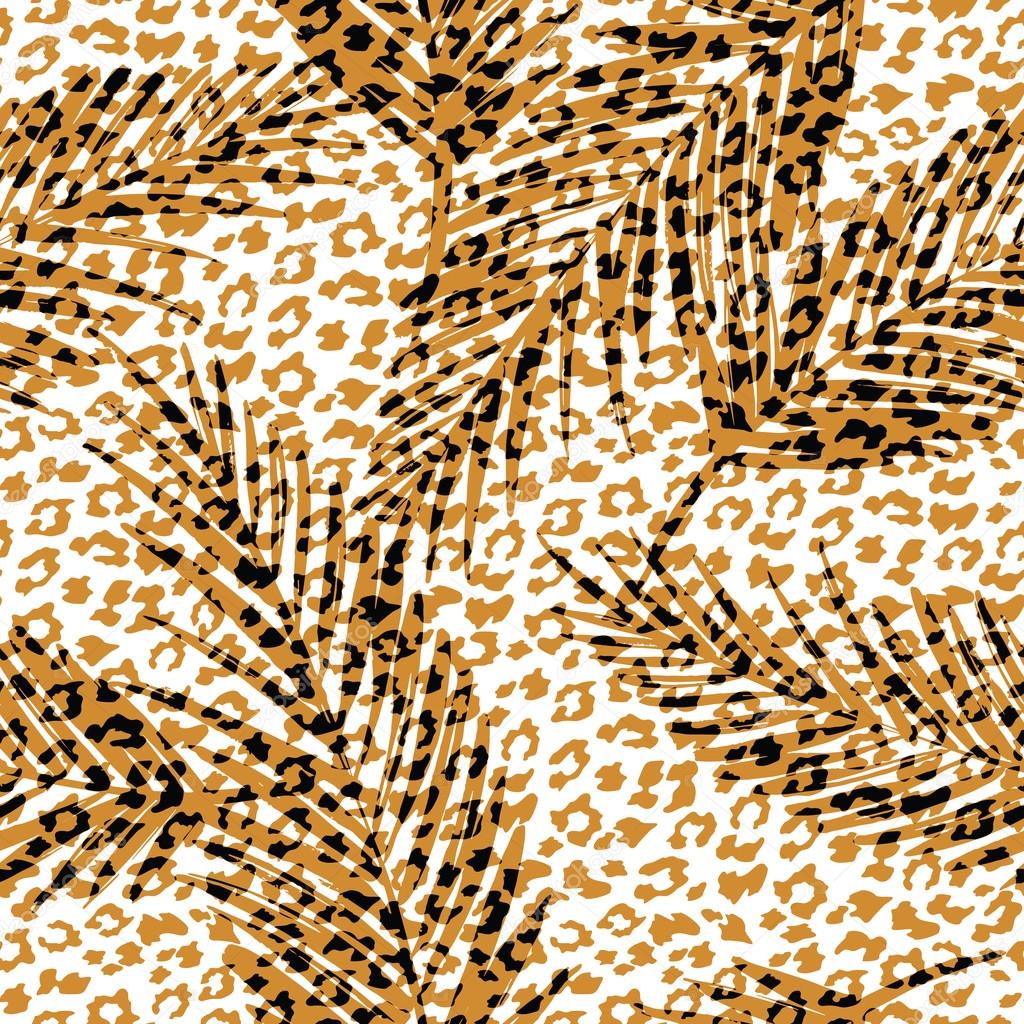 Seamless exotic pattern with palm leaves and animal pattern . Vector hand draw illustration.