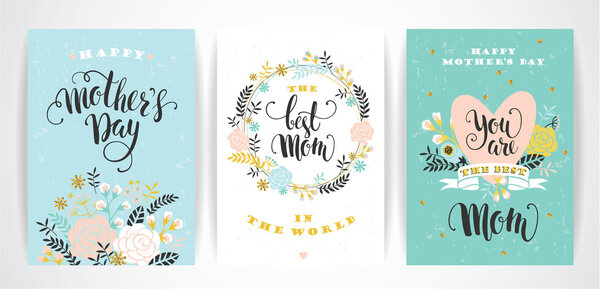 Set of Happy Mothers Day lettering greeting cards with Flowers.