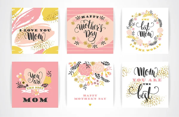 Mutlu Anneler Günü tebrik kartları çiçekler ile yazı kümesi.