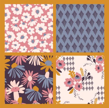 Çiçeksel, soyut, pürüzsüz desenler. Farklı surfaslar için vektör tasarımı.