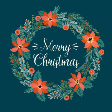 Noel ve Noel çelengi ile mutlu yıllar illüstrasyonu. Vektör tasarım şablonu.