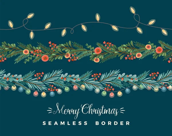 Χριστούγεννα και Ευτυχισμένο το Νέο Έτος απρόσκοπτη σύνορα. Γιρλάντες, βελόνες, λάμπες, σύμβολα Πρωτοχρονιάς. Σχεδιασμός διανύσματος. — Διανυσματικό Αρχείο
