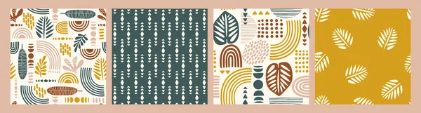Künstlerische nahtlose Muster mit abstrakten Blättern und geometrischen Formen. Modernes Vektordesign — Stockvektor