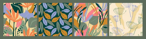 Coleção abstrata de padrões sem costura com folhas e formas geométricas. Design moderno . — Vetor de Stock