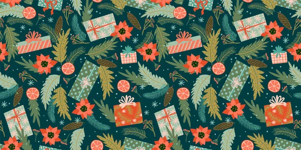 Christmas and Happy New Year seamless pattern with gift boxes. Trendy retro style. — Stock Vector