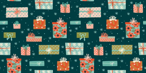 Navidad y Feliz Año Nuevo patrón sin costuras con cajas de regalo. Estilo retro de moda. — Vector de stock
