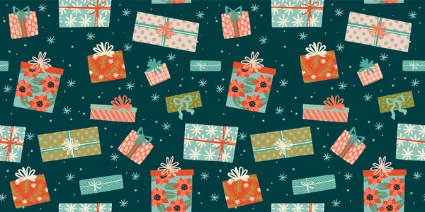 Navidad y Feliz Año Nuevo patrón sin costuras con cajas de regalo. Estilo retro de moda. — Vector de stock