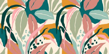 Soyut yaprakları olan sanatsal kusursuz desen. Kağıt, kapak, kumaş, iç dekorasyon ve diğer şeyler için modern tasarım