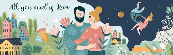 Romantische illustraties met mannen en vrouwen. Liefde, liefdesverhaal, relatie. Vector design banner voor Valentijnsdag — Stockvector