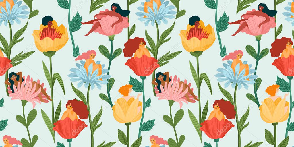 Seamless pattern with women sitting in flowers. Concept for International Women s Day and other use. Vector.