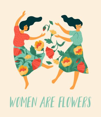 Dans eden kadınlar ve çiçeklerle vektör şablonu. Kart, poster, broşür ve diğer şeyler için Uluslararası Kadınlar Günü konsepti