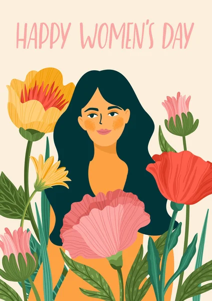 Dia Internacional da Mulher. Modelo de vetor com mulher e flores para cartão, cartaz, folheto e aveia — Vetor de Stock