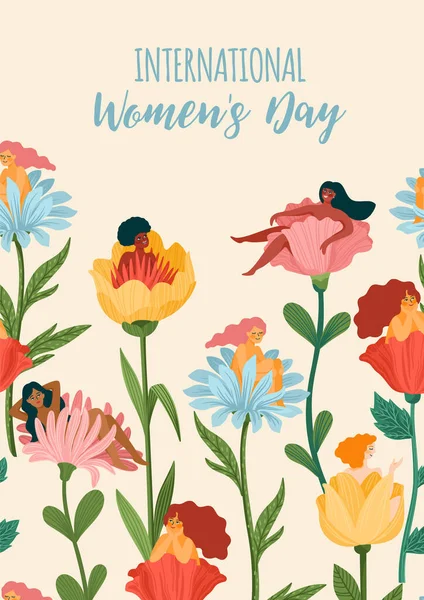 Międzynarodowy Dzień Kobiet. Szablon wektorowy z kobietami i kwiatami na kartki, plakaty, ulotki i inne — Wektor stockowy