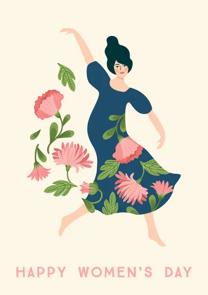 Giornata internazionale della donna. Modello vettoriale con donna danzante e fiori per carta, poster, volantino e altro — Vettoriale Stock