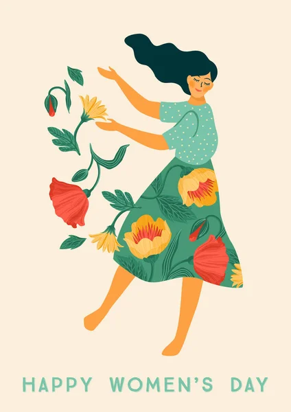 Международный женский день. Векторный шаблон с танцующей женщиной и цветами для открытки, плаката, флаера и других — стоковый вектор