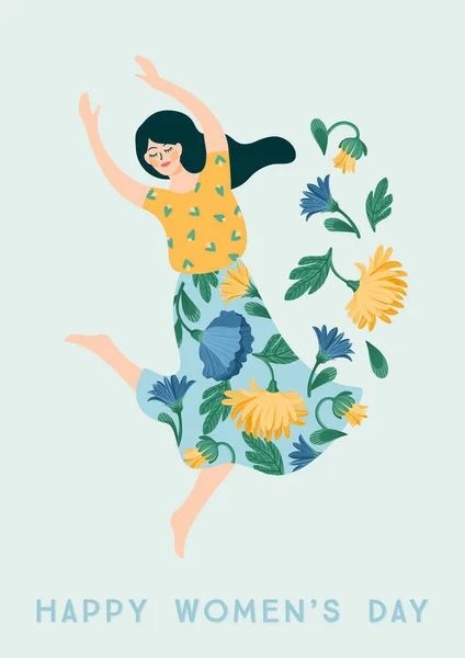 Dia Internacional da Mulher. Modelo de vetor com mulher dançante e flores para cartão, cartaz, folheto e outros — Vetor de Stock