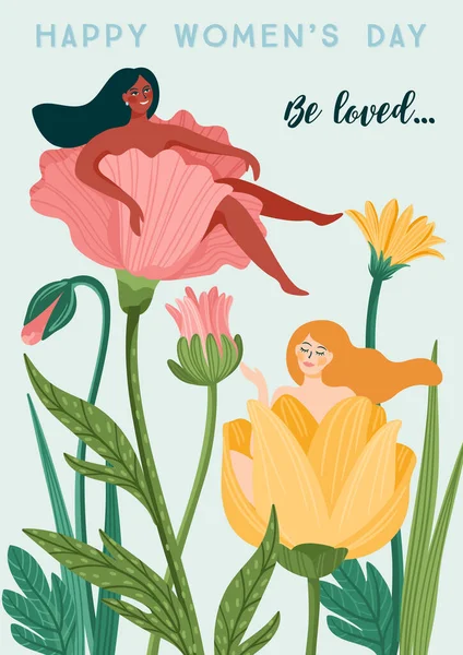 Dia Internacional da Mulher. Modelo de vetor com mulheres e flores para cartão, cartaz, folheto e outros — Vetor de Stock