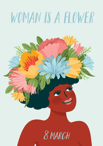 Vektorillustration mit Frau im Blumenkranz. Internationaler Frauentag Konzept für Karte, Plakat, Flyer und andere — Stockvektor