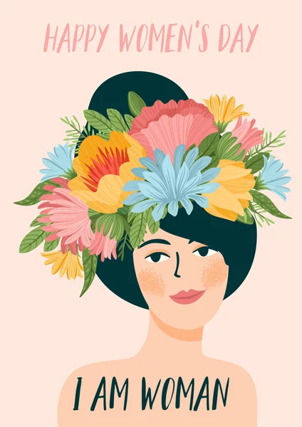 Vector illustratie met vrouw in bloemenkrans. Internationale Vrouwendag concept voor kaart, poster, flyer en andere — Stockvector