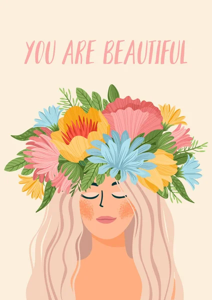 Ilustração vetorial com mulher em coroa de flores. Conceito do Dia Internacional da Mulher para cartão, cartaz, panfleto e outros —  Vetores de Stock