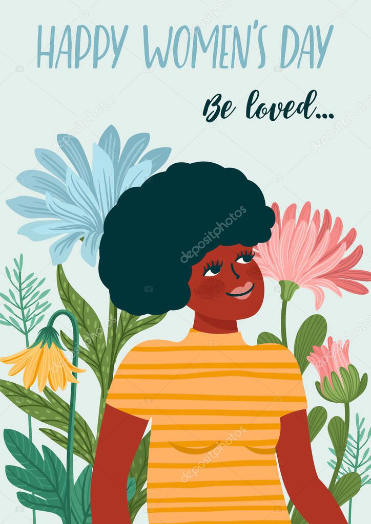 International Women s Day. Vector template with woman and flowers for card, poster, flyer and othe