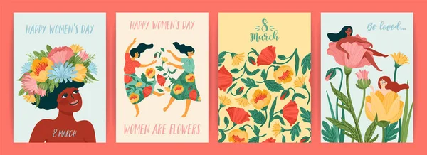 Międzynarodowy Dzień Kobiet. Zestaw szablonów wektorowych z uroczymi kobietami i kwiatami na kartkę, plakat, ulotkę i inne — Wektor stockowy