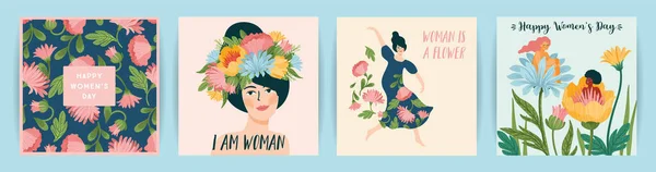 Internationale Vrouwendag. Set vector sjablonen met schattige vrouwen en bloemen voor kaart, poster, flyer en andere — Stockvector