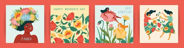 Internationaler Frauentag. Set von Vektorschablonen mit niedlichen Frauen und Blumen für Karte, Poster, Flyer und andere — Stockvektor