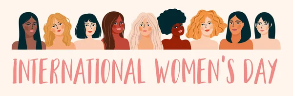 Internationale Vrouwendag. Vector illustratie met vrouwen verschillende nationaliteiten en culturen. — Stockvector