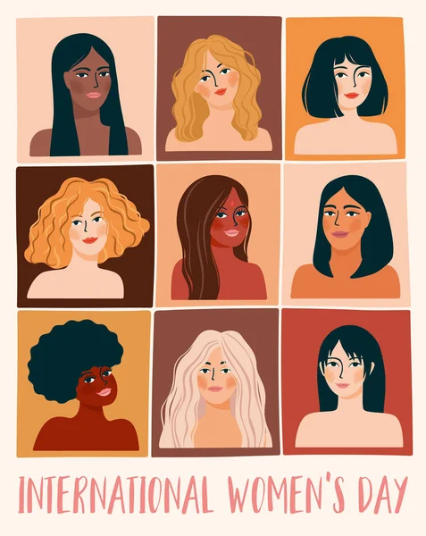 Internationaler Frauentag. Vektorillustration mit Frauen unterschiedlicher Nationalitäten und Kulturen. — Stockvektor