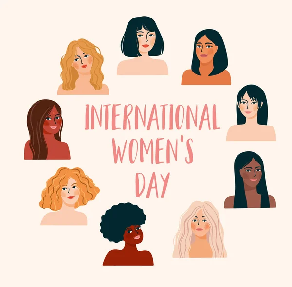 Internationale Vrouwendag. Vector illustratie met vrouwen verschillende nationaliteiten en culturen. — Stockvector
