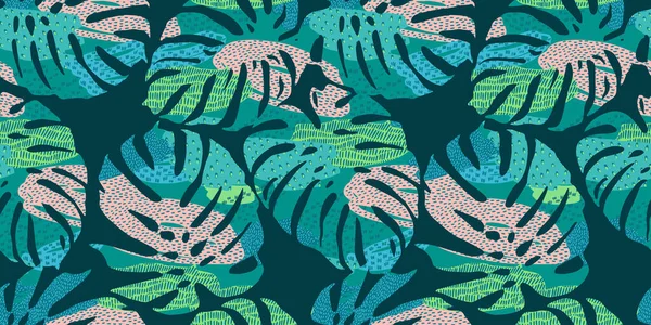 Soyut yaprakları olan tropik, pürüzsüz bir desen. Kağıt, kapak, kumaş, iç dekorasyon ve diğer şeyler için modern tasarım — Stok Vektör