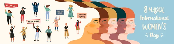 Dia Internacional da Mulher. Ilustração vetorial com mulheres diferentes nacionalidades e culturas. —  Vetores de Stock