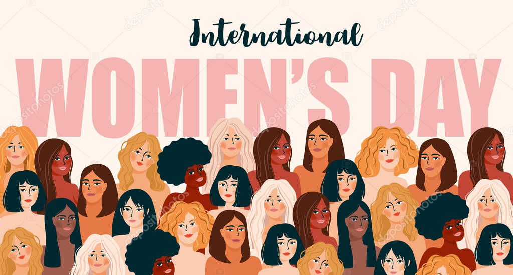 International Womens Day. Vector illustration with women different nationalities and cultures.