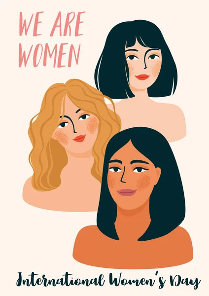 Internationale Vrouwendag. Vector illustratie met vrouwen verschillende nationaliteiten en culturen. — Stockvector