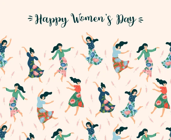 Векторная иллюстрация милых танцующих женщин. Концепция Международного женского дня для открыток, плакатов, баннеров и других — стоковый вектор