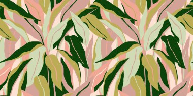 Soyut yaprakları olan sanatsal kusursuz desen. Kağıt, kapak, kumaş, iç dekorasyon ve diğer şeyler için modern tasarım