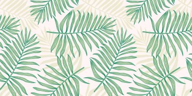 Palmiye yapraklı, tropik, pürüzsüz bir desen. Kağıt, kapak, kumaş, iç dekorasyon ve diğer şeyler için modern soyut tasarım