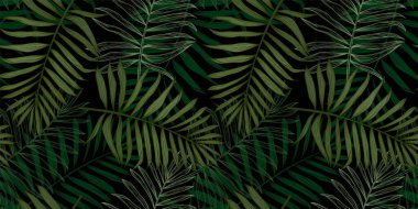 Palmiye yapraklı, tropik, pürüzsüz bir desen. Kağıt, kapak, kumaş, iç dekorasyon ve diğer şeyler için modern soyut tasarım
