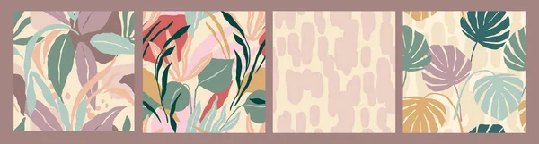 Collection abstraite de motifs sans couture avec des feuilles et des formes géométriques. Design moderne — Image vectorielle