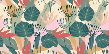 Soyut yaprakları olan sanatsal kusursuz desen. Kağıt, kapak, kumaş, iç dekorasyon ve diğer şeyler için modern tasarım.