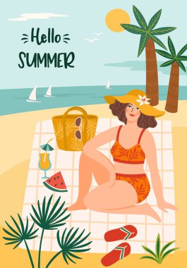 Tropik plajda mayo giymiş bir kadının vektör çizimi. Yaz tatili, tatil, seyahat.