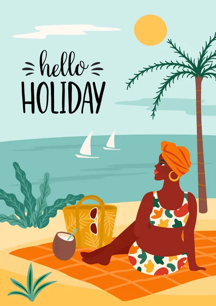 Vector illustration of woman in swimsuit on tropical beach. Summer holliday, vacation, travel. — Stock Vector