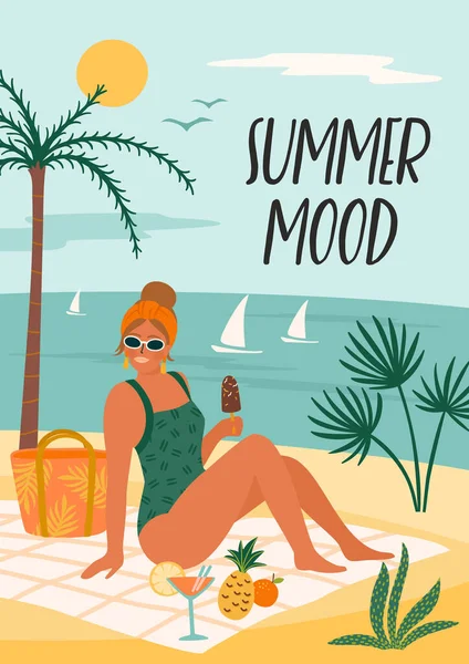 Wektorowa ilustracja kobiety w strojach kąpielowych na tropikalnej plaży. Letni dzień, wakacje, podróże. — Wektor stockowy