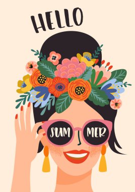 Merhaba yaz. Gözlüklü, çelenkli hoş bayanın vektör çizimi. Tasarım şablonu